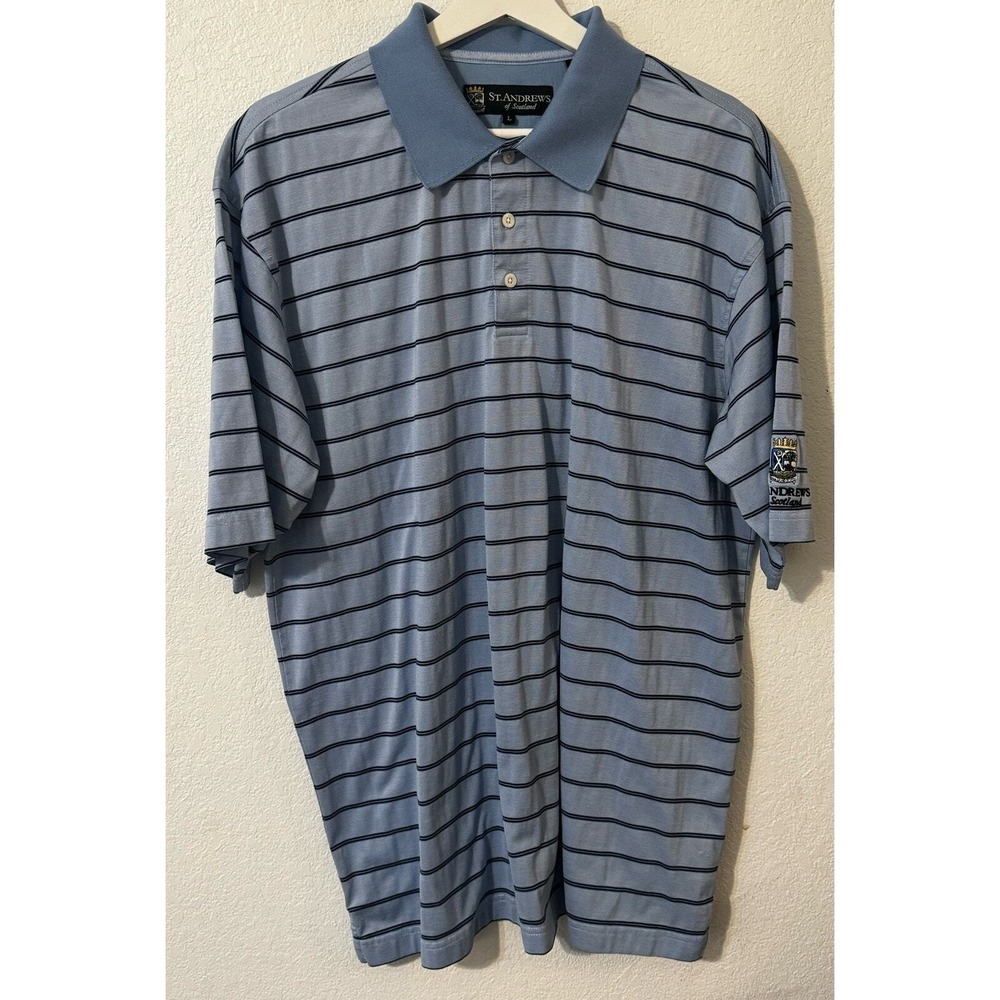 St‎ Andrews of Scotland Golf Polo Shirt Mens L Blue Black Striped Embroidered